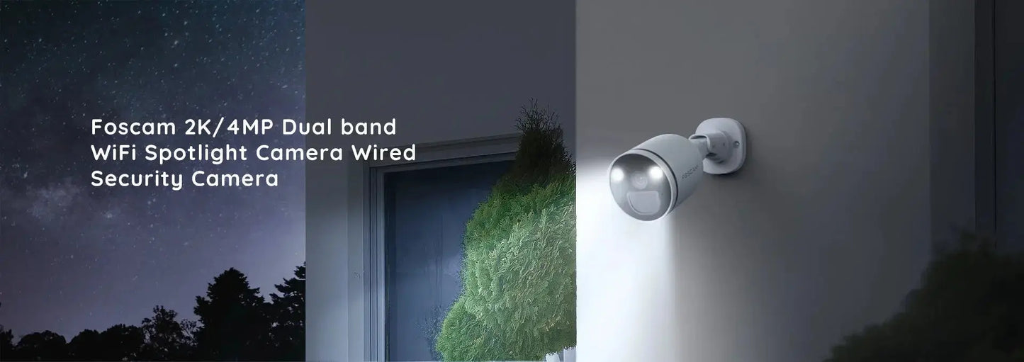 Foscam 2K/4MP WiFi spotlight security camera illuminating wall at night, dual band wired outdoor surveillance