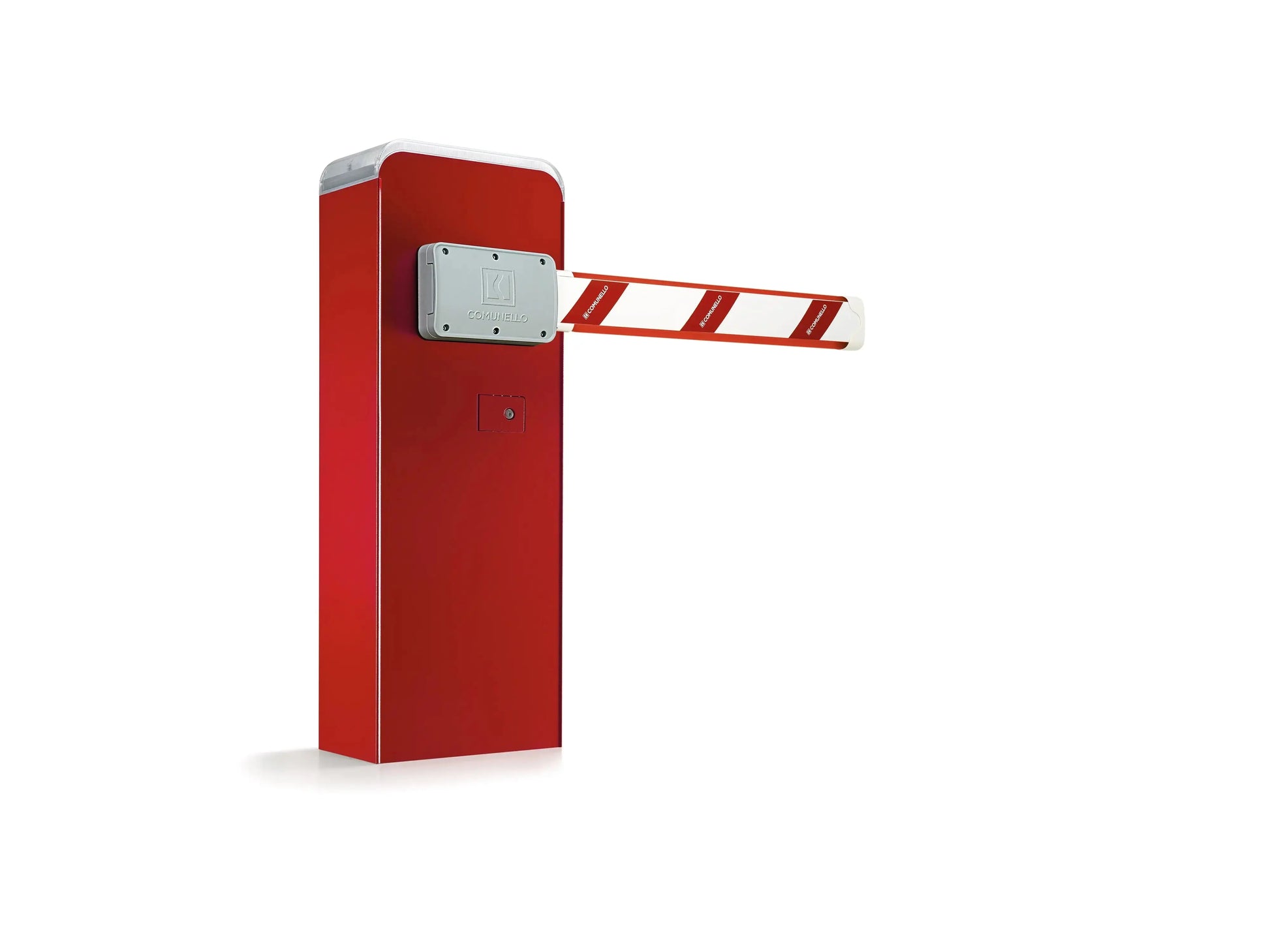 Red automatic gate barrier with striped arm for vehicle access control in Qatar