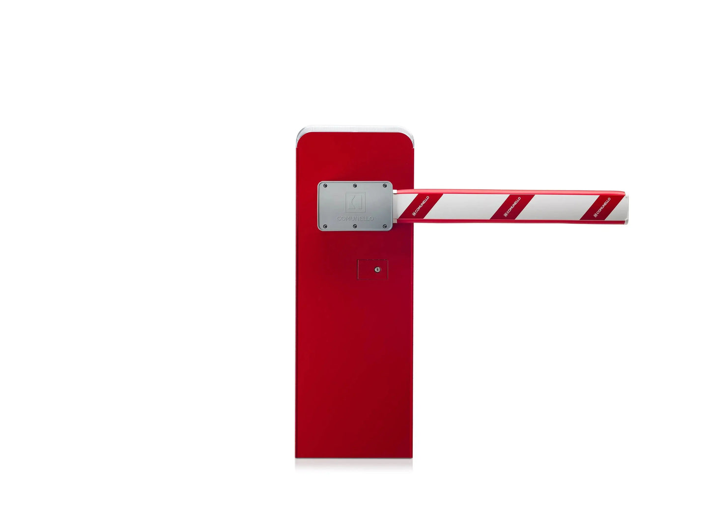 Red automatic gate barrier with white stripes, Italian-made for security in Qatar