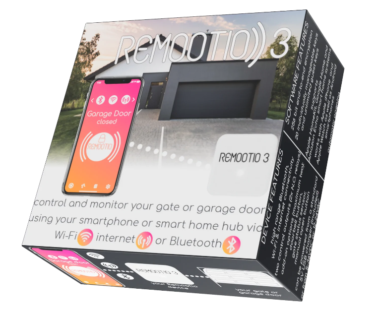 Smartgates-Remootio-3 smart gate opener packaging with app display.