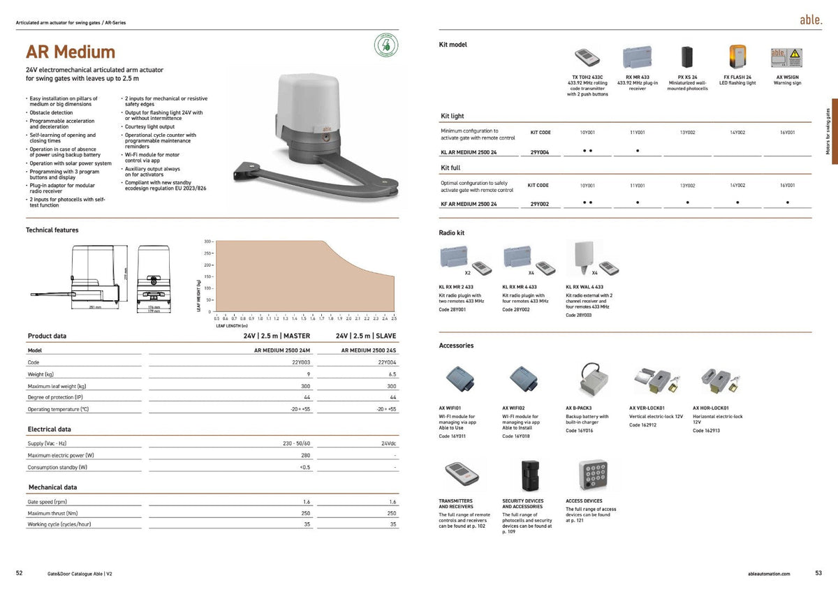 Able AR-Series Articulated Swing Gate Motors, shown as a grey operator with a long articulated arm in a product catalogue
