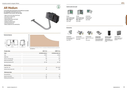Able AR-Series Articulated Swing Gate Motors, black and grey operators with a curved metal articulated arm and accessories.