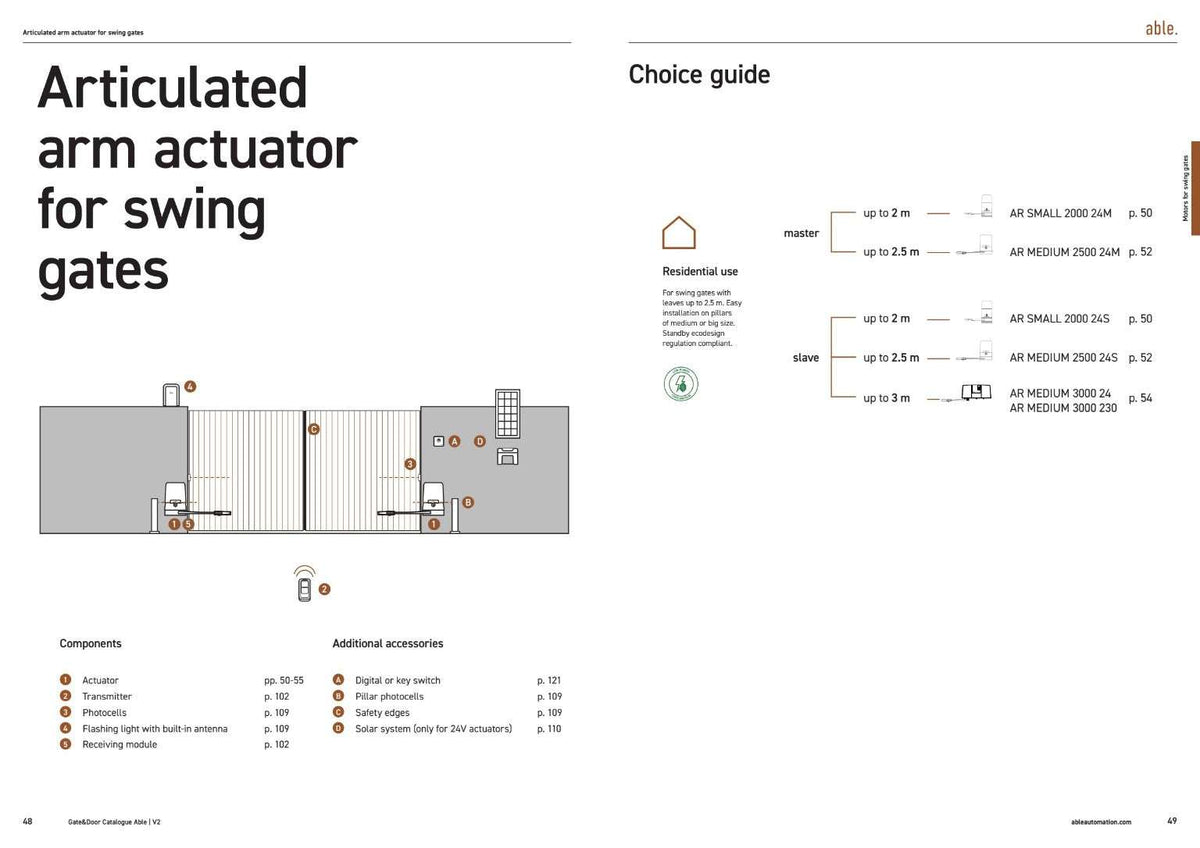 Able AR-Series Articulated Swing Gate Motors, shown in a black-and-white catalogue diagram with orange component markers and model guide