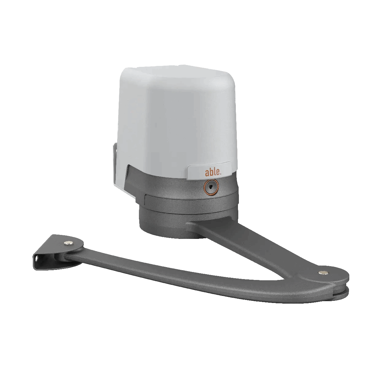 Able AR-Series Articulated Swing Gate Motors with a white and grey housing, grey metal articulated arm and key release lock.