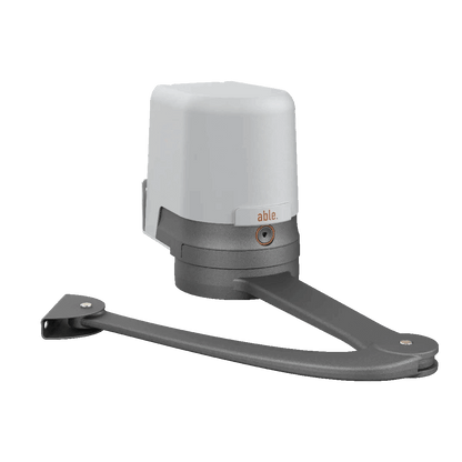 Able AR-Series Articulated Swing Gate Motors with a white and grey housing, grey metal articulated arm and key release lock.