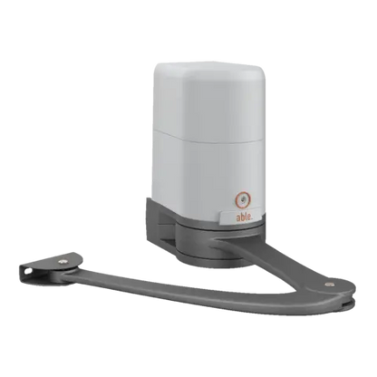 Able AR-Series Articulated Swing Gate Motors, white and charcoal grey operator with a long articulated metal arm and mounting bracket
