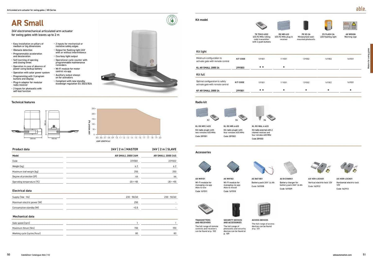 Able AR-Series Articulated Swing Gate Motors product brochure, white pages with black technical text, diagrams and motor accessories.