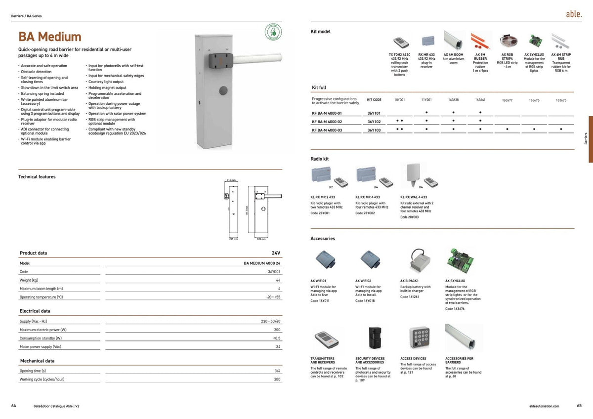 Automatic road barrier brochure showing a light-grey metal pedestal with a white boom and product specifications; Able BA-Series Automatic Road Barriers details and accessories.