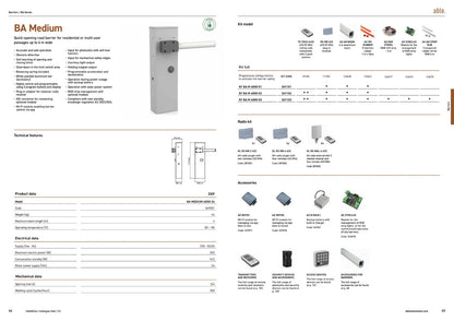 Automatic road barrier brochure showing a light-grey metal pedestal with a white boom and product specifications; Able BA-Series Automatic Road Barriers details and accessories.