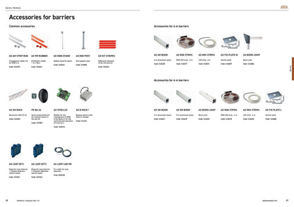 Able BA-Series Automatic Road Barriers accessories, featuring aluminium boom arms, springs, supports, control units and safety devices

