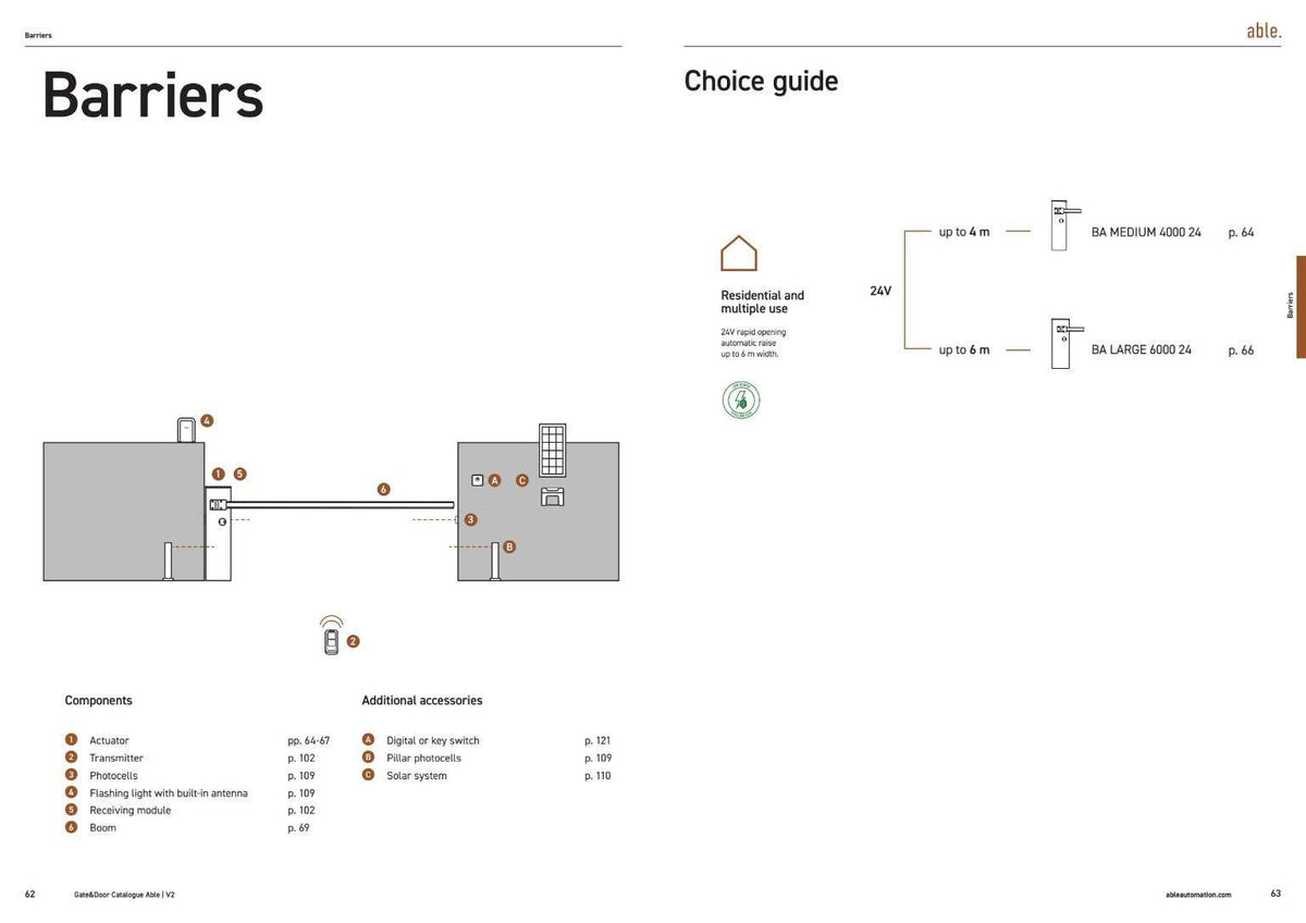 Able BA-Series Automatic Road Barriers shown in a technical brochure diagram with horizontal booms, barrier cabinets and labeled components