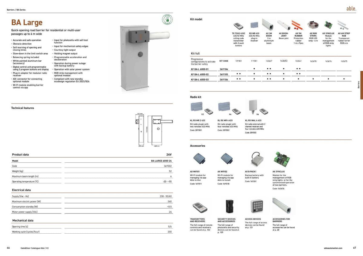 Able BA-Series Automatic Road Barriers product catalogue showing a grey barrier cabinet, white boom and compatible accessories