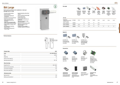 Able BA-Series Automatic Road Barriers product catalogue showing a grey barrier cabinet, white boom and compatible accessories