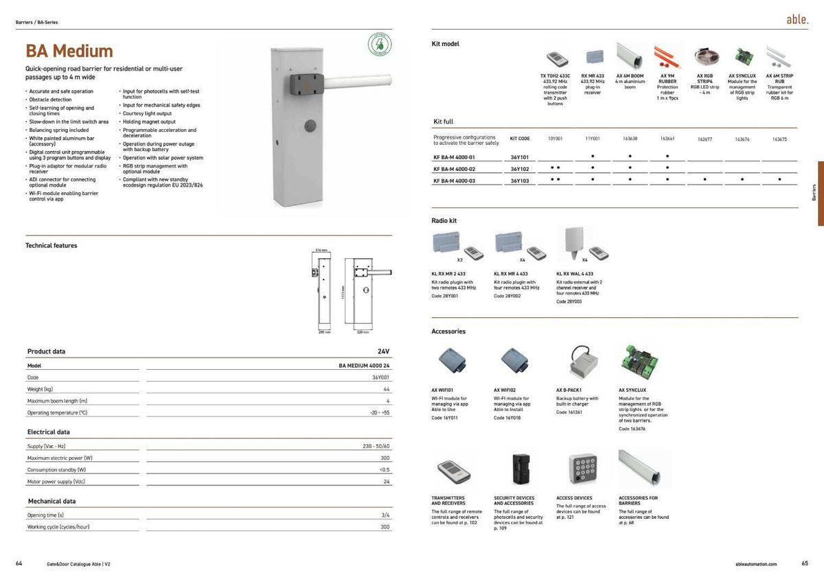 Able BA-Series Automatic Road Barriers shown in a product brochure, with a light grey cabinet and white boom arm alongside accessories
