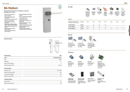 Able BA-Series Automatic Road Barriers shown in a product brochure, with a light grey cabinet and white boom arm alongside accessories