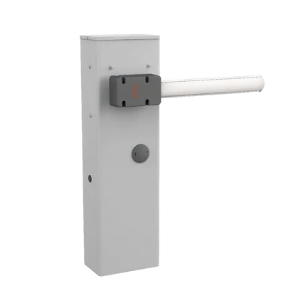 Able BA-Series Automatic Road Barriers with a tall white metal cabinet and white boom arm, featuring a dark mounting bracket.