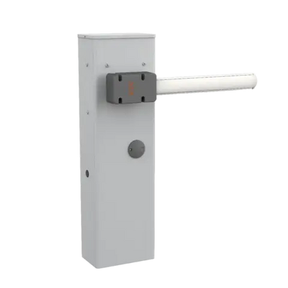 Able BA-Series Automatic Road Barriers with a white metal cabinet, horizontal white boom, and dark grey mounting bracket
