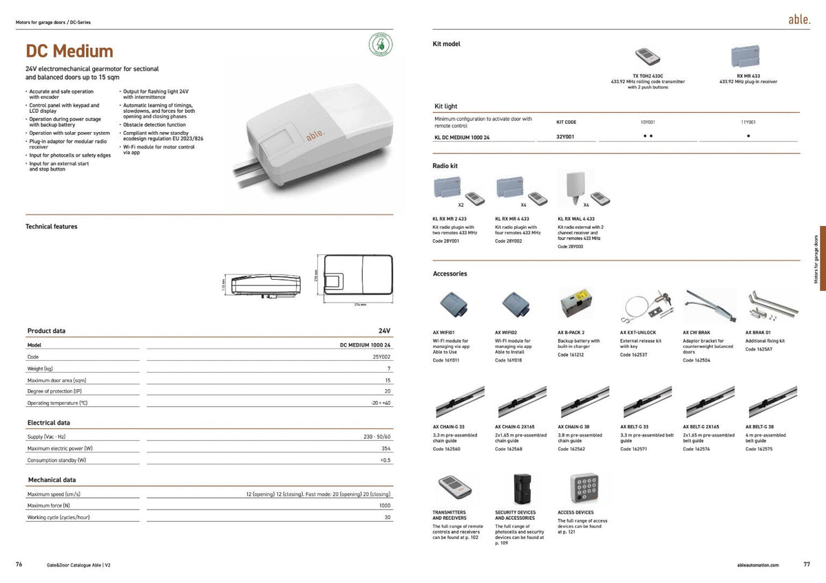 Able DC-Series Garage Door Operators in white plastic, with a compact motor housing, metal rail connector and accessory range shown in a catalogue spread.