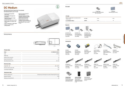 Able DC-Series Garage Door Operators in white plastic, with a compact motor housing, metal rail connector and accessory range shown in a catalogue spread.