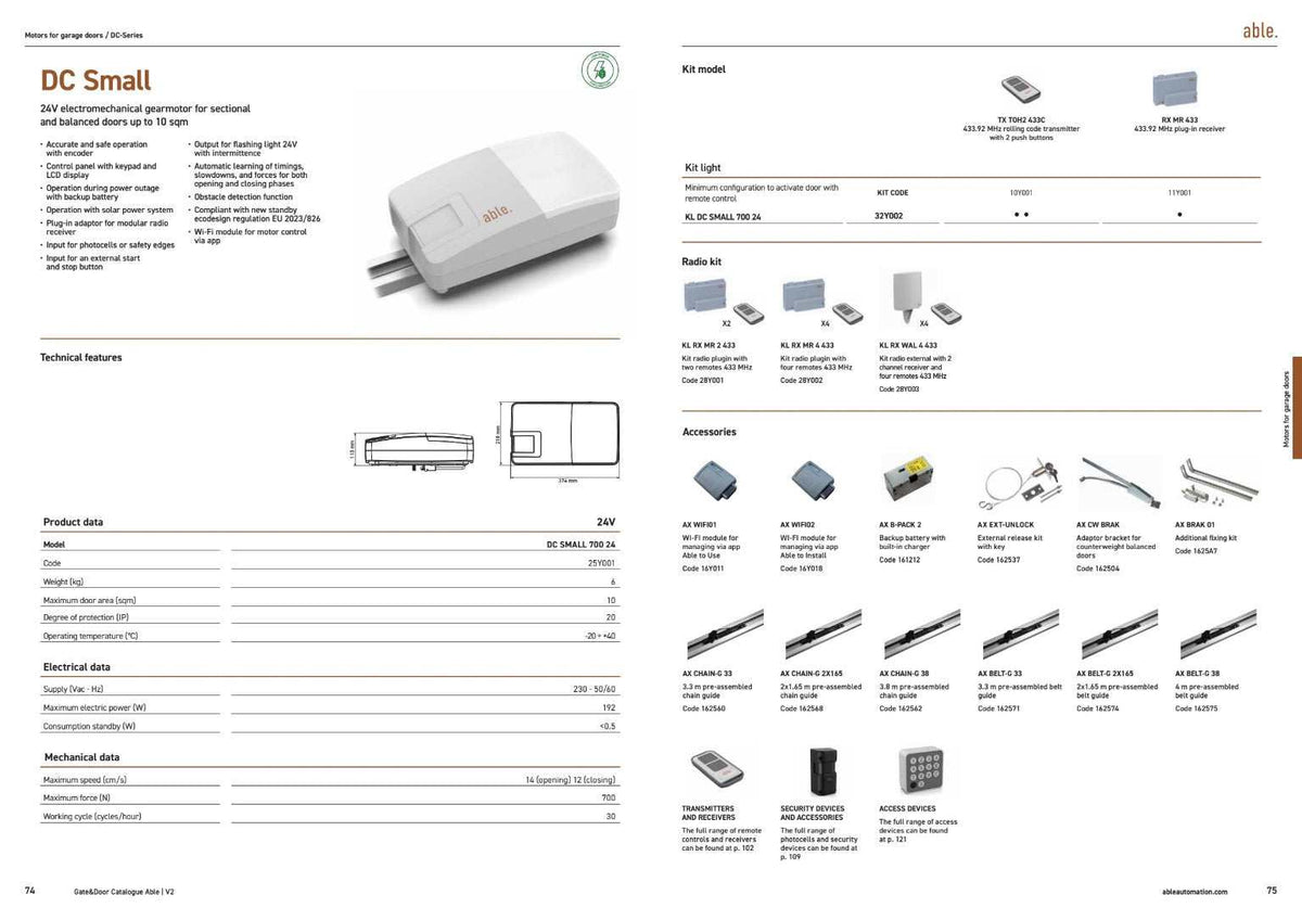 Able DC-Series Garage Door Operators shown as a white DC Small motor with metal drive rail, alongside compatible control and safety accessories.
