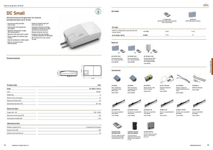 Able DC-Series Garage Door Operators shown as a white DC Small motor with metal drive rail, alongside compatible control and safety accessories.