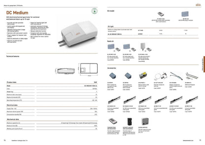 Able DC-Series Garage Door Operators brochure showing a white DC Medium motor and compatible rails, controls and accessories