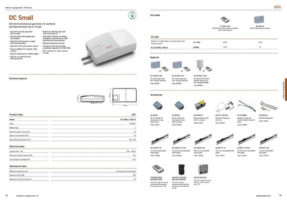 Able DC-Series Garage Door Operators brochure showing a white DC Small motor, technical specifications and accessory options.