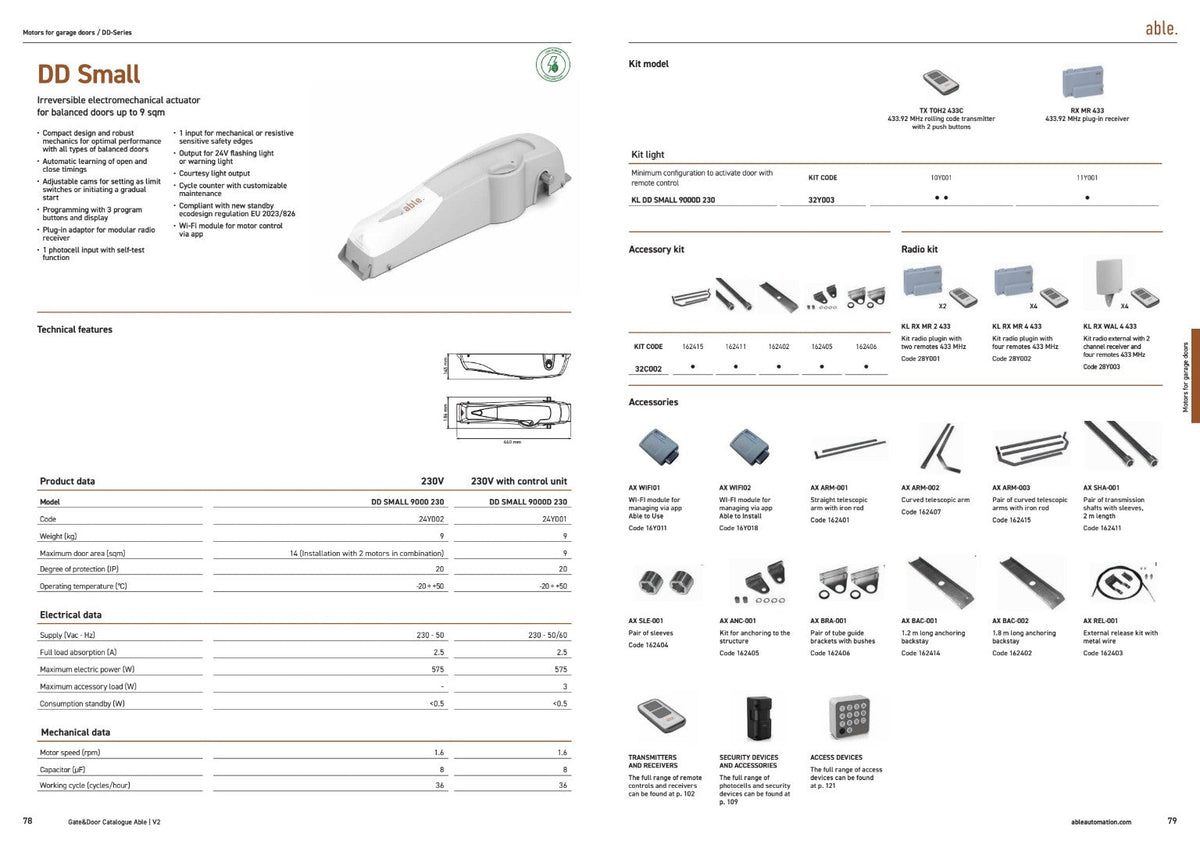Garage door operator Able DD Small 9000D 230, white and grey electromechanical unit with a compact tapered housing.