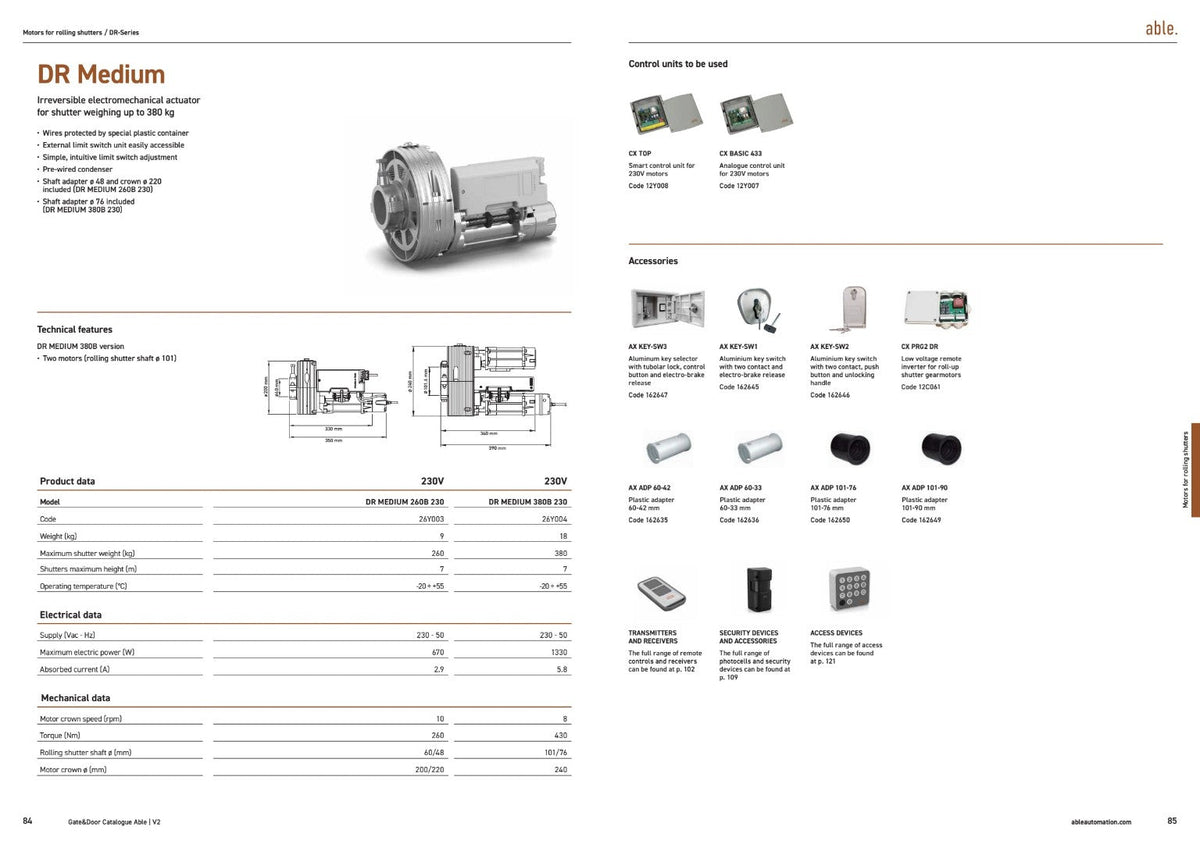 Able DR-Series Rolling Shutter Motors, silver metal shutter operator with cylindrical drive and compact motor housing, shown with accessories
