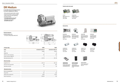 Able DR-Series Rolling Shutter Motors, silver metal shutter operator with cylindrical drive and compact motor housing, shown with accessories
