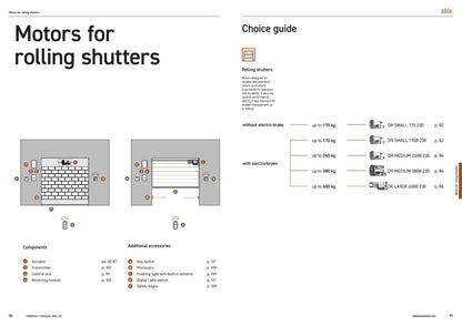 Rolling shutter motor product guide showing gray shutter diagrams, component labels and a model choice chart; Able DR-Series Rolling Shutter Motors.