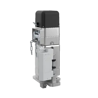 Able DR-Series Rolling Shutter Motors, vertical silver metal operator with a black top housing and attached control box