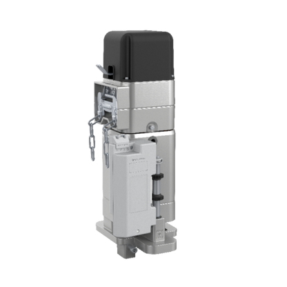 Able DR-Series Rolling Shutter Motors, silver metal operator with a black top casing, hanging chain and side control box