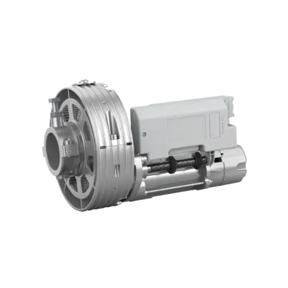 Able DR-Series Rolling Shutter Motors, silver metal motor with a large circular roller drum and attached rectangular drive unit
