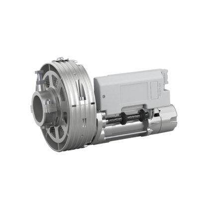 Able DR-Series Rolling Shutter Motors in silver metal, with a large ribbed circular drive wheel and attached rectangular motor корпус
