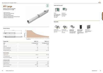 Product brochure for Able HY-Series Hydraulic Swing Gate Operators, white-and-grey linear actuator with technical diagrams, specifications and accessory images.
