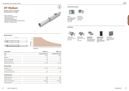 Able HY-Series Hydraulic Swing Gate Operators, silver hydraulic actuators with a smooth metal casing and technical specification charts