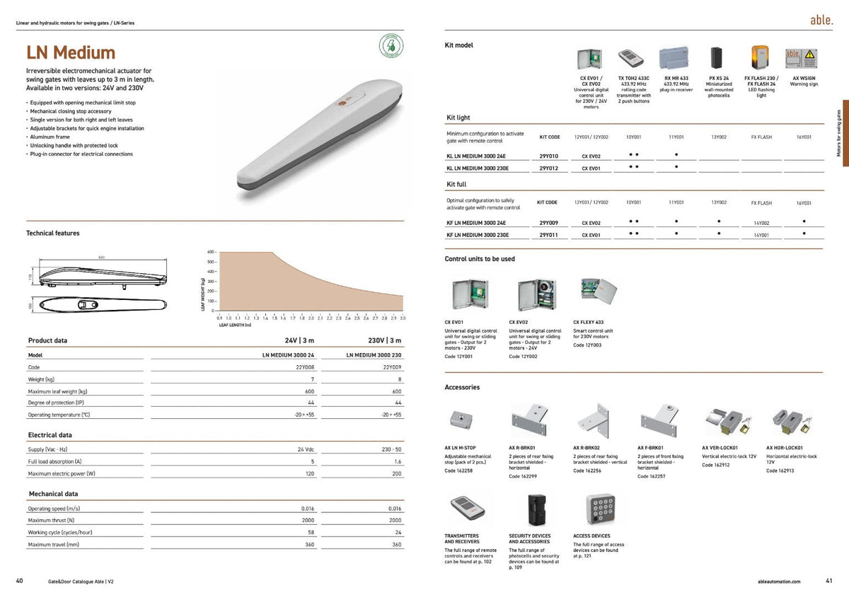 Able LN-Series Linear Swing Gate Motors, shown in a product brochure with silver linear actuators and control accessories.