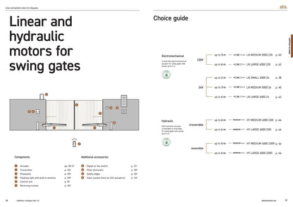 Able LN-Series Linear Swing Gate Motors, shown as black and silver linear actuators with control units for swing gates in a catalogue diagram.
