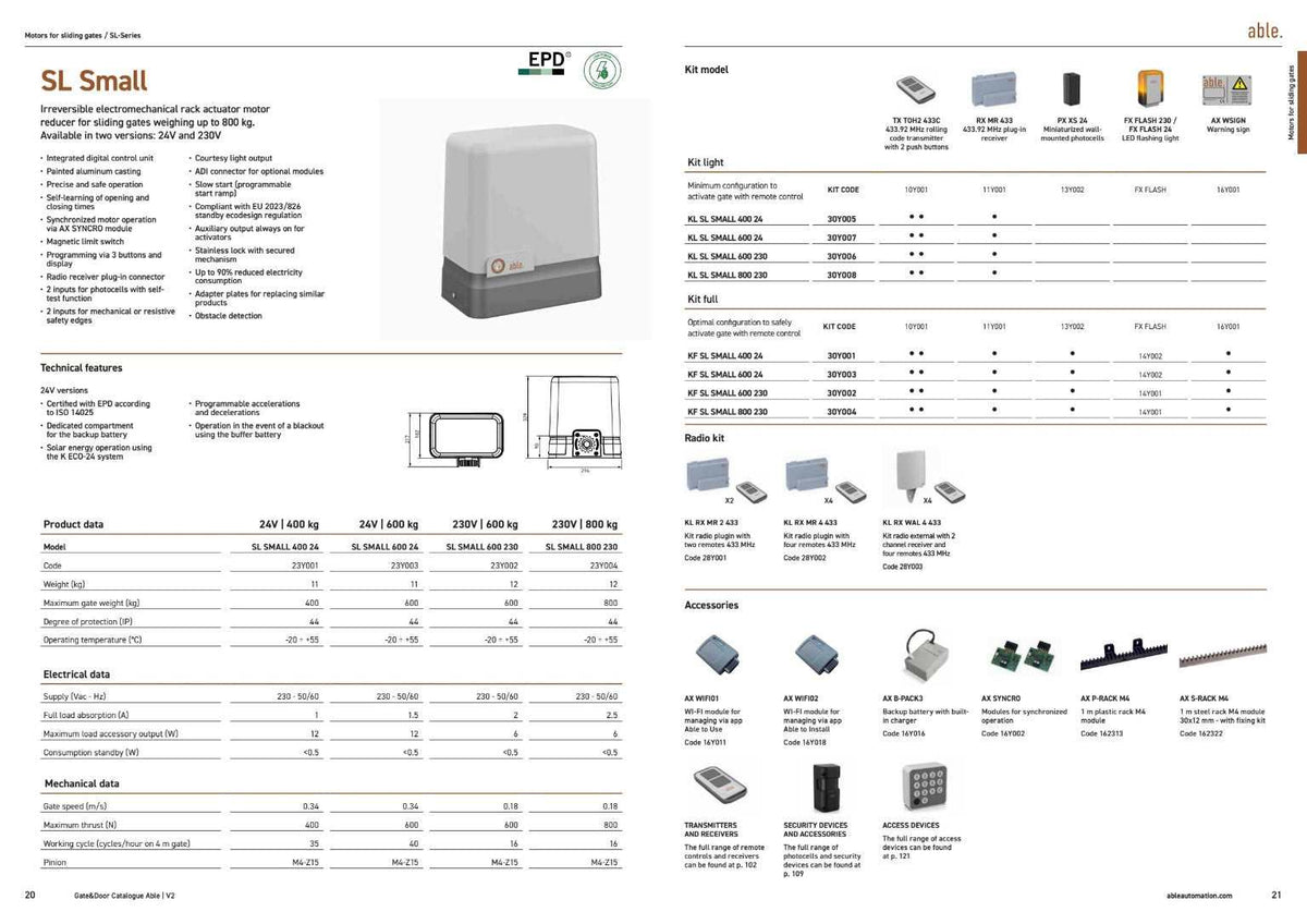 Able SL-Series Sliding Gate Motors brochure showing a grey sliding gate motor, model specifications, accessories and technical tables