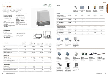 Able SL-Series Sliding Gate Motors brochure showing a grey sliding gate motor, model specifications, accessories and technical tables
