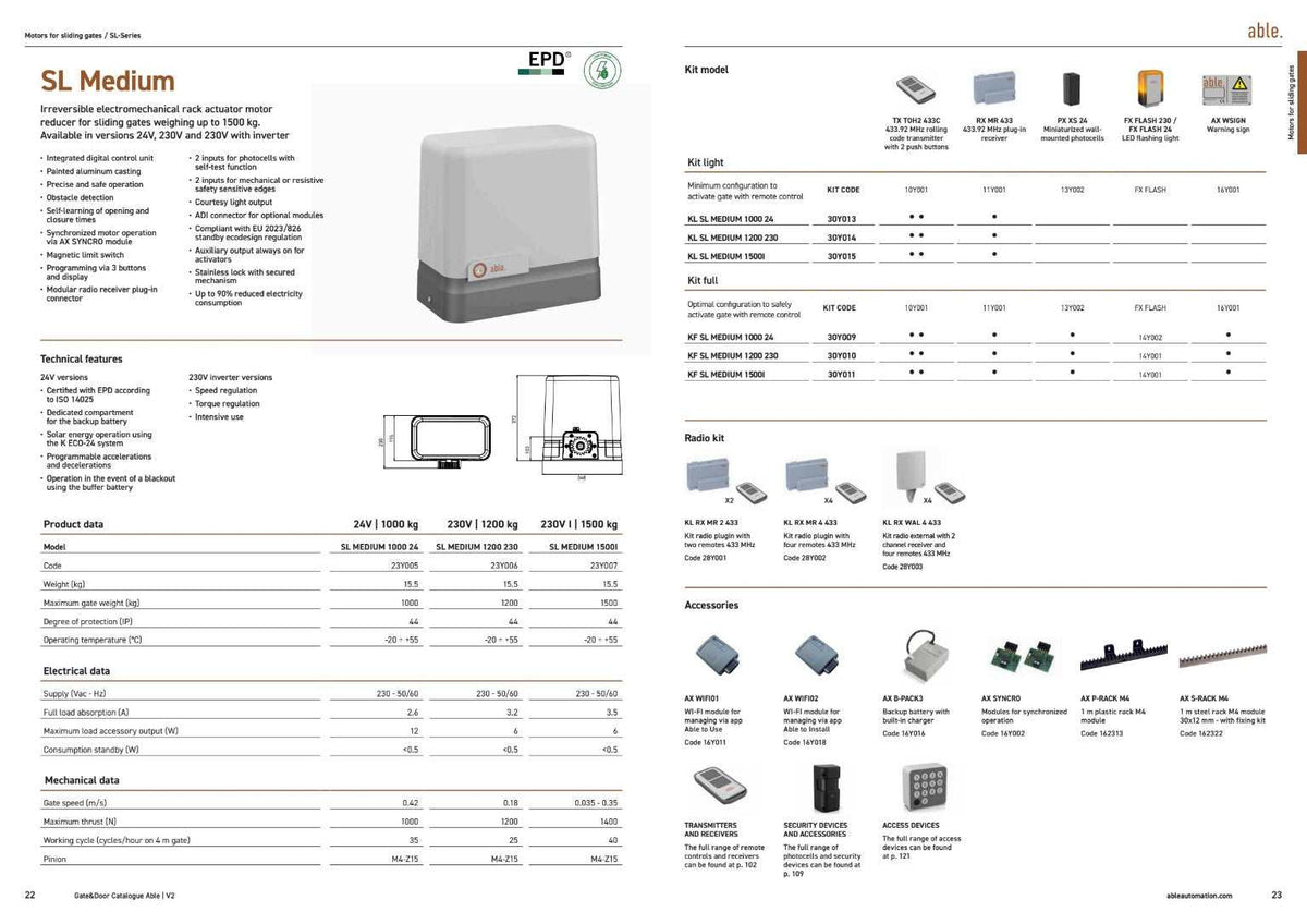 Able SL-Series Sliding Gate Motors brochure featuring a grey sliding gate operator, technical specifications, model charts and accessories