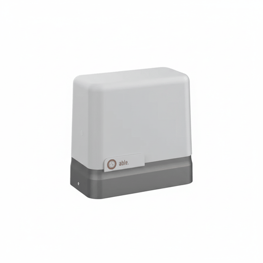Able SL-Series Sliding Gate Motors, a compact automatic gate operator with a light gray cover, dark gray base and Able badge.
