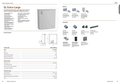 Able SL-Series Sliding Gate Motors with a grey rectangular housing, technical drawings and accessory illustrations