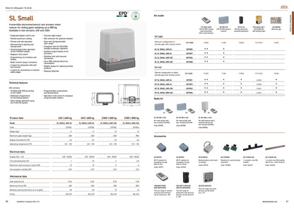 Able SL-Series Sliding Gate Motors with a grey housing and dark base, shown alongside model specifications and accessories