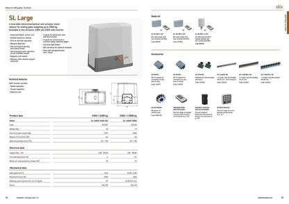 Able SL-Series Sliding Gate Motors catalogue spread showing a grey SL Large gate motor, technical diagrams and accessories