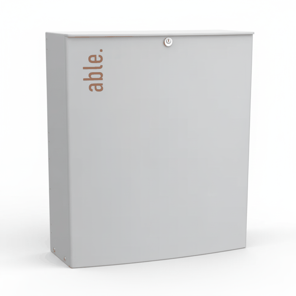 Able SL-Series Sliding Gate Motors in a plain grey metal enclosure with an orange able. logo and a keyed lock
