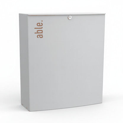 Able SL-Series Sliding Gate Motors in a plain grey metal enclosure with an orange able. logo and a keyed lock
