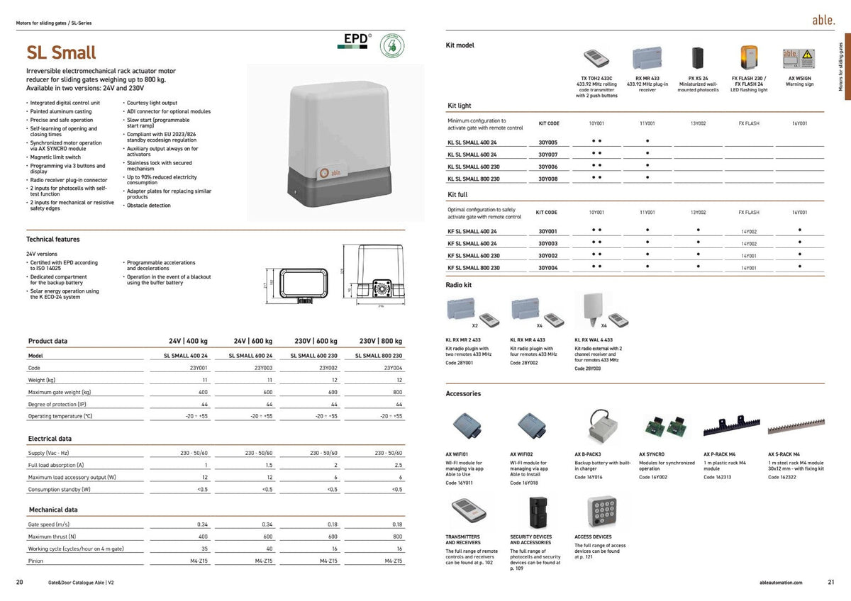 Able SL-Series Sliding Gate Motors catalogue page with a grey motor housing, specification tables and accessory diagrams