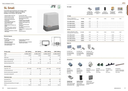 Able SL-Series Sliding Gate Motors shown in a product catalogue with a compact light-grey operator, technical specifications and accessories.